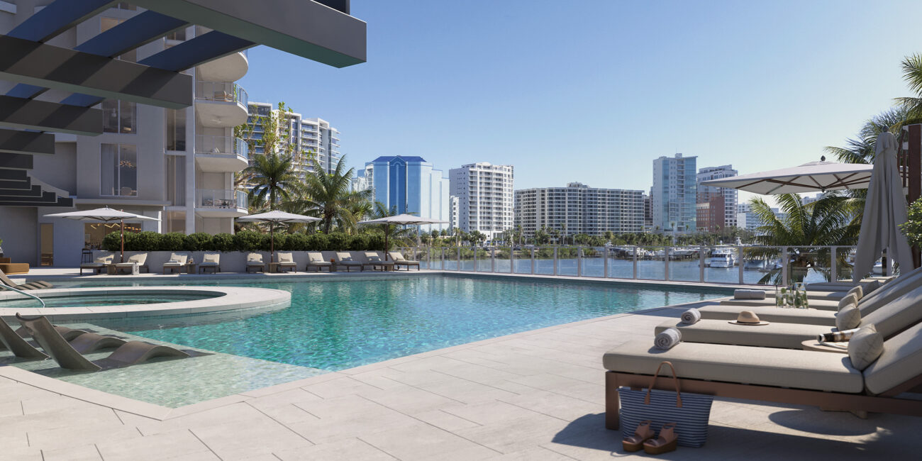 Luxury Pool Deck at Amara with views of Sarasota